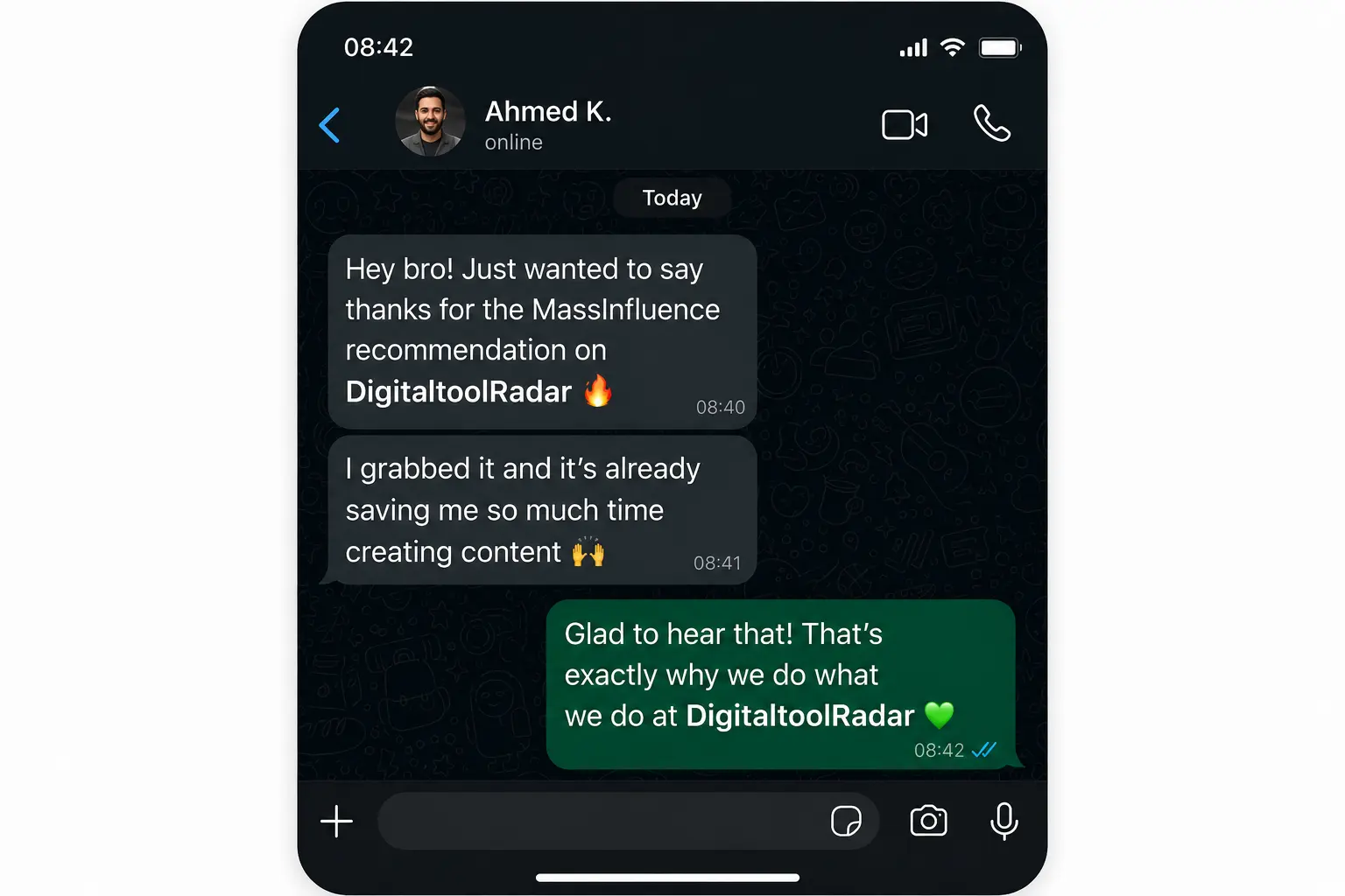 WhatsApp message from Ahmed K. thanking DigitaltoolRadar for a previous recommendation — said it's saving him time creating content