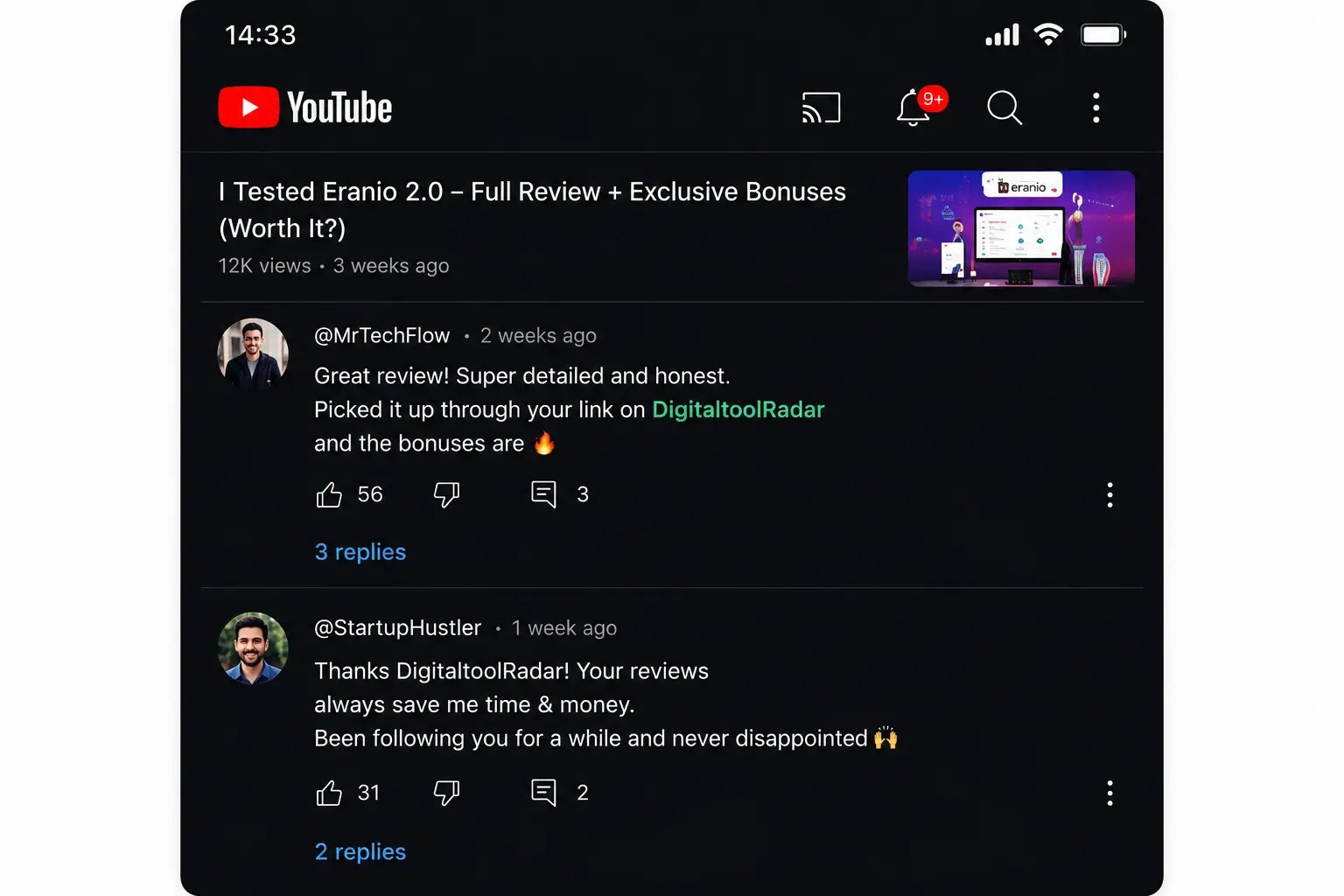 YouTube comments on a DigitaltoolRadar review — @MrTechFlow and @StartupHustler sharing feedback about previous recommendations