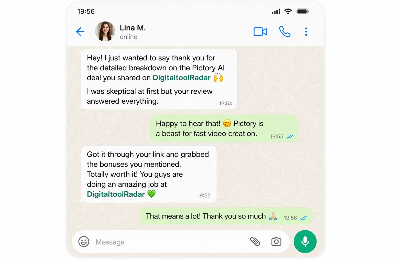 WhatsApp from Lina M. thanking DigitaltoolRadar for the Pictory AI breakdown — was skeptical but the review answered everything
