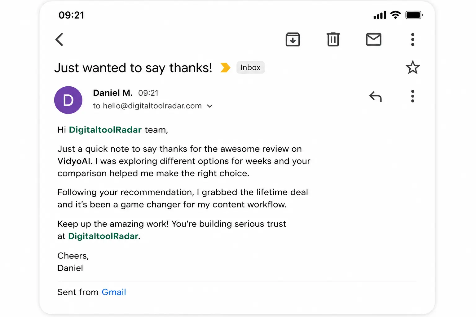 Email from Daniel M. thanking DigitaltoolRadar for the VidyoAI review — grabbed the lifetime deal and calls it a game changer